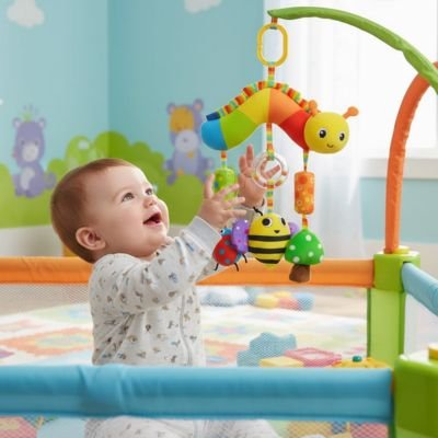 Jouet bebe Matériaux sensoriels variés: combinaison de tissus doux, plastiques texturés et éléments bruissants pour l'éveil tactile