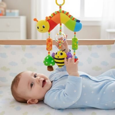 Jouet bebe Personnages suspendus interactifs: éléments détachables incluant abeille, soleil, lion et autres figurines aux textures variées