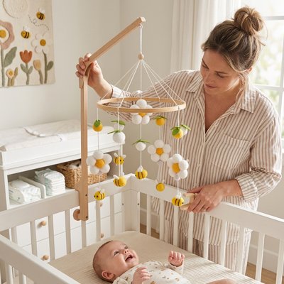 Mobile bébé Fixation universelle: Système de suspension adaptable sur différents types de berceaux et lits à barreaux avec bras ajustable