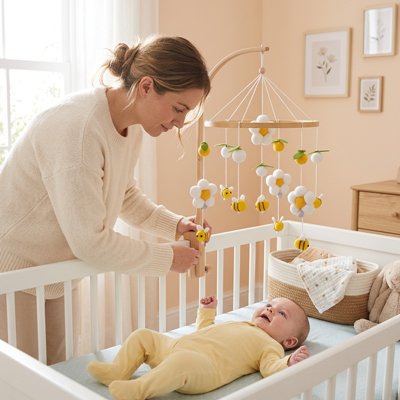 Mobile bébé Thème floral et abeilles: Décoration douce avec fleurs blanches à cœur jaune et petites abeilles suspendues pour stimuler l'éveil visuel d