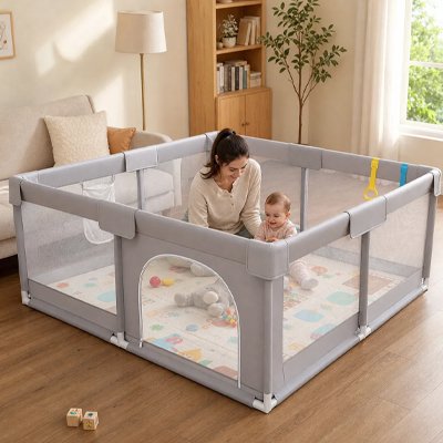 Parc bébé maman et bébé souriant avec des jouets