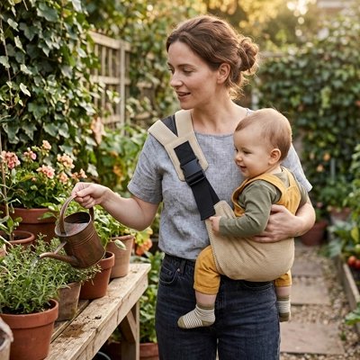 Porte bebe avec maman et bébé  dans un beau jardin de fleurs 