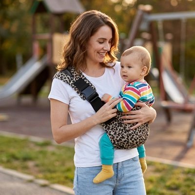 Porte bebe maman au terrain de jeux avec bébé