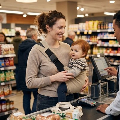 Porte bebe noir avec maman et bébé au marché 
