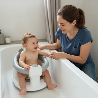 Siege de bain bebe  maman a genou devant bébé dans son bain