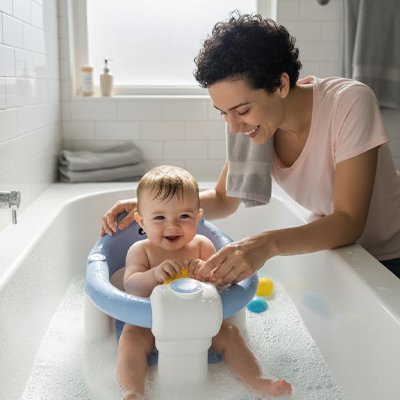 Siege de bain bebe maman avec bébé qui sourit dans son bain de mousse