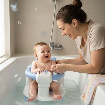 Siege de bain bebe maman qui joue avec bébé dans son siéege  
