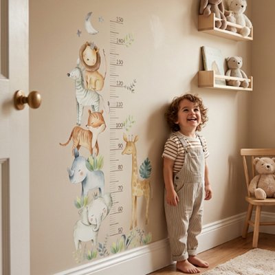 Toise enfant Design décoratif: Illustration aquarelle d'animaux empilés créant une décoration murale attrayante pour chambre d'enfant