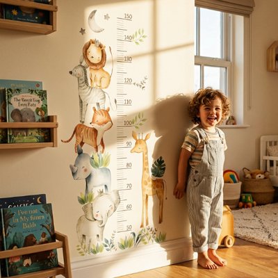 Toise enfant Thématique safari: Représentation de différents animaux sauvages dans un style doux et enfantin