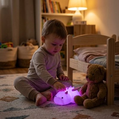 Veilleuse bébé bébé au sol qui s'amuse avec  veilleuse et son ourson