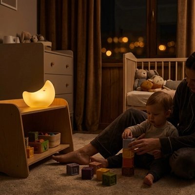 Veilleuse bébé bébé maman assis  au sol avec jouets  au coucher 