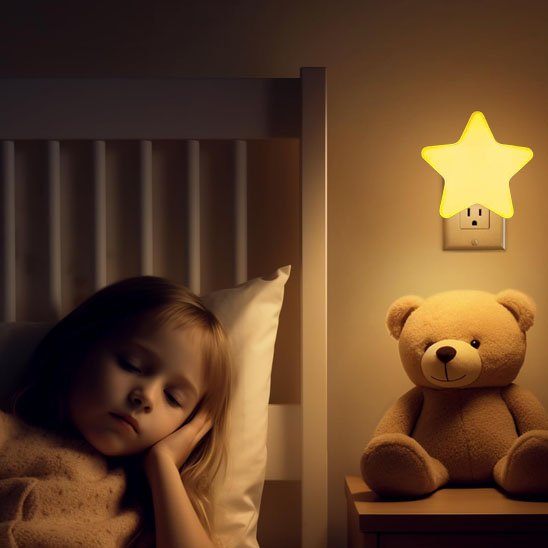 Veilleuse bébé  fillette qui dort avec son ourson et veilleuse