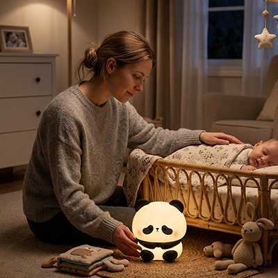 Veilleuse bébé maman avec bébé qui dort et veilleuse au sol