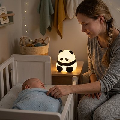 Veilleuse bébé maman qui veille sur bébé avec veilleuse panda
