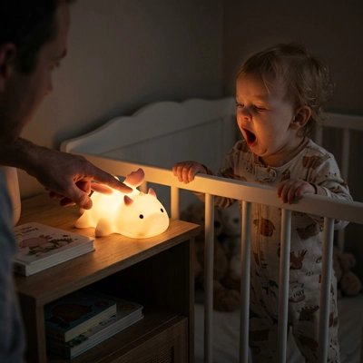 Veilleuse bébé papa qui met bébé au lit 
