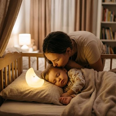 Veilleuse bébé qui dort dans son lit maman donne baissé