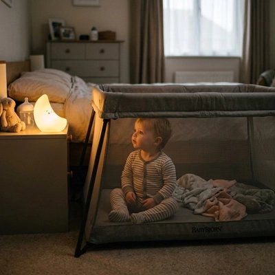 Veilleuse bébé regarde veilleuse sur le petit meuble  dans chanbre a coucher assis dans son parc