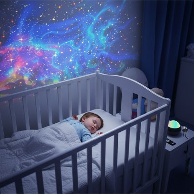 Veilleuse projection Télécommande incluse: permet d'ajuster les réglages à distance sans déranger le sommeil