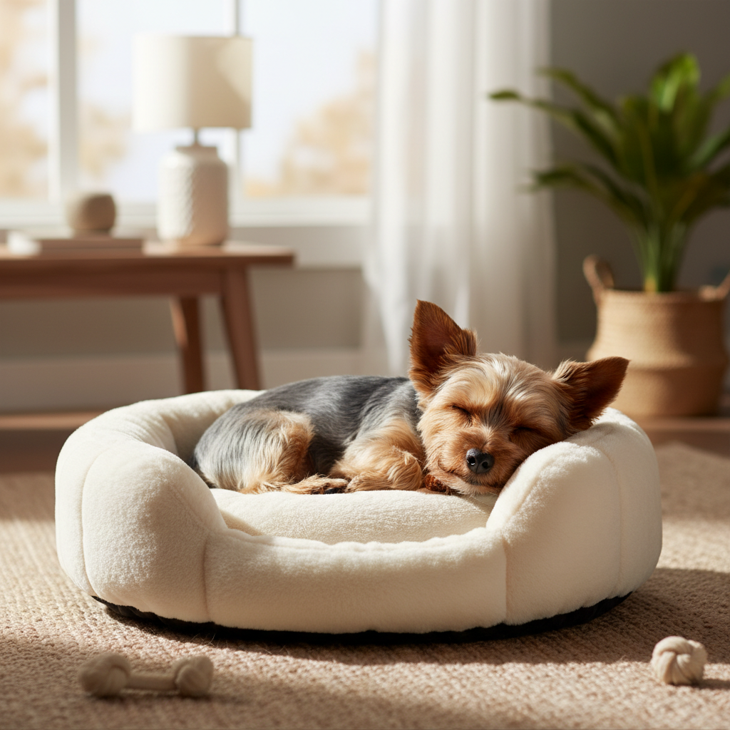 Yorkshire sur le lit pour chien